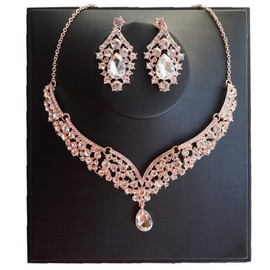 Hapibuy Rose Gold Crystal Wedding Jewelry Set Bridal Rhinestone Necklace and Earring Set For Brides Party Costume Accessories for Women