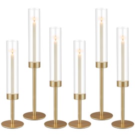 6Pcs Hurricane Glass Candle Holders Gold Candlestick Holders Taper Candle Holder with 9.8" Windproof Clear Cylinder Covers for Outdoor Indoor Tall Candle Stick Holder Decor for Wedding Party Fireplace