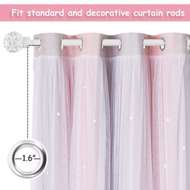 NICETOWN Pink & Grey Ombre Blackout Curtains for Kid Girls Bedroom Living Room Darking Stripe Double Layer Star Cut Out Wall Home Decor Gradient Grommet Window Curtains, 52W x 63L, 1 Panel