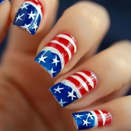 24Pcs 4th of July Press on Nails Patriotic American Flag Fake Nails Short Square Glue on Nails USA Flag Nails Press ons Acrylic Nail Full Cover Artificial False Nails for Women Manicure Decorations