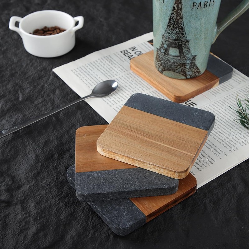 LiWiBet Acacia Wood Black Marble Coasters for Drinks Set of
