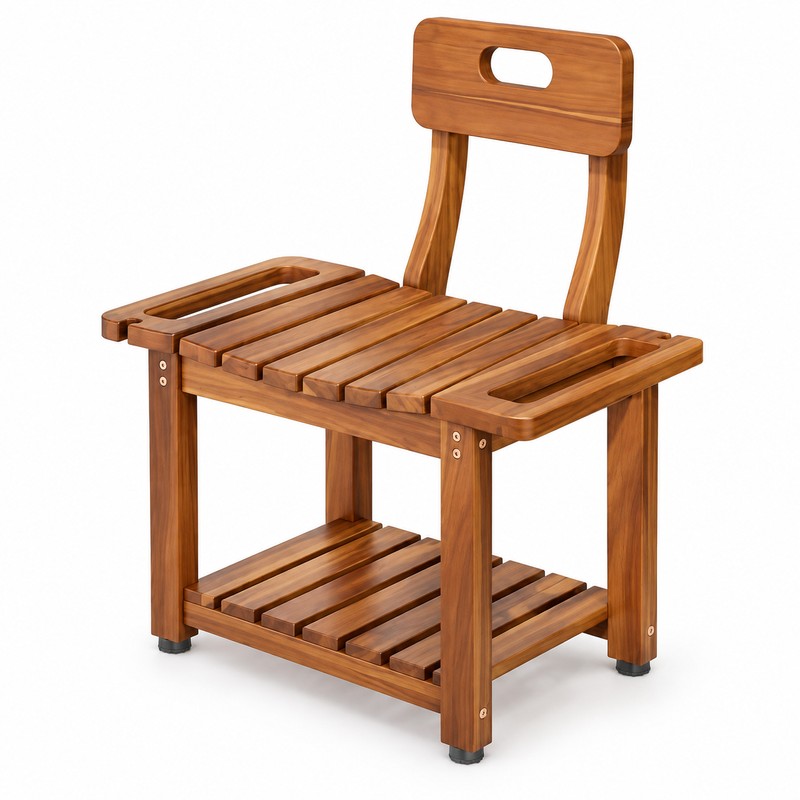 23.4 Inch Acacia Wood Shower Chair with Removable Backrest, 450