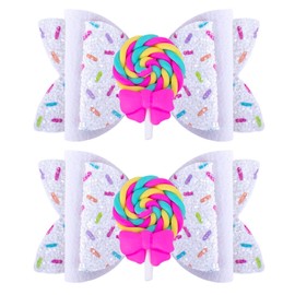 Beleki Lollipop Hair Bows for Girls, Glitter Hair Clips Sparkly Confetti Sprinkle Handmade Bows Metal Alligator Hair Pin Colorful Hair Accessories for Birthday Back to School Party Decor - White