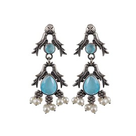 Indian Fashion Silver Oxidized Boho Ethnic Tribal Gypsy Traditional Pearl Jhumka Earrings (Blue1)