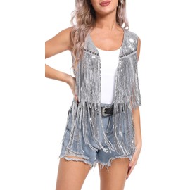 FEOYA Women's Fringe Vest Sparkly Sequin Gilet Top Glitter Tassel Waistcoat for Women Shiny Open Front Cardigan Retro Vintage Hippie Sleeveless Jacket Sparkle Vest Top Party Prom Rave Disco Silver S
