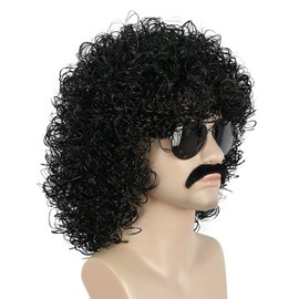 Yuehong Men Black Curly Fluffy Jumbo Afro Wig 70s 80s Disco Rock Wig