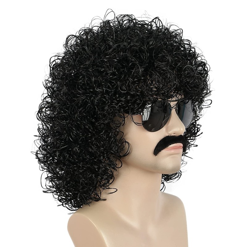 Yuehong Men Black Curly Fluffy Jumbo Afro Wig 70s 80s