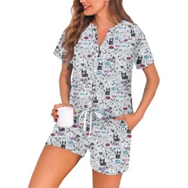 ENJOYNIGHT Womens Pajama Set Cotton Summer Pj Shorts Button Down Sleepwear with Pockets (XX-Large, Grey Dog)