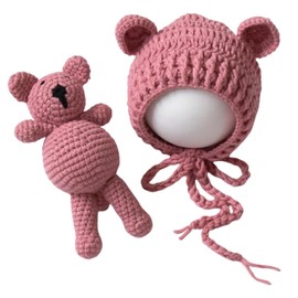 Newborn Baby Boy Girl Photography Props Bear Hat Outfits Crochet Kint Handmade Cap Set for Newborn Photo Shoot (Dusty Pink)