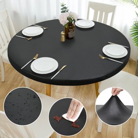 Rinpon Double Fitted Design PU Round Fitted Tablecloth, Anti-Tear Wipeable Elastic Round Tablecloth, Soft-Touch Fitted Tablecloth, Waterproof Oil-Proof Tablecloth (Black, 57 - 60 inches)