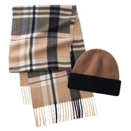 CALVIN & OLIVIA Mens Winter Warm Cuffed Beanie Hats Long Soft Scarf Plaid Tassel Scarf for Men Classic Scarves Gift Set Brilliant Camel Black White Burgundy Plaid Set