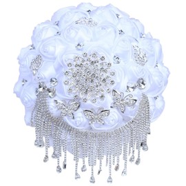 Ramo de Novia Blanco de Boda de Lujo con Broches de Diamantes de Imitación Plateados para Novia Dama de Honor Quinceañera Ramo de Flores Artificiales de Rosa de Satén Boda Blanco 24.1 cm