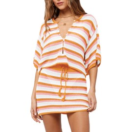 Pink Queen Women's 2 Piece Bathing Suit Cover Up Short Sleeve Casual Crochet Hollow Out Bikini Beach Skirt Outfits Oversized Crop Top And Bodycon Skirt Coverups Orange Stripe XL