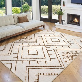 LIVEBOX Western 5x7 Area Rug, Beige Washable Rugs for Living Room Bedroom, Non Slip Moroccan Tribal Rug Low Pile Modern Geometric Boho Area Rugs Diamond Carpet for Dining Room Home Office Decor