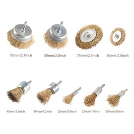 GIVIHGETI 9 Piece Brass Plated Wire Brush Set for Drill, 1/4" Shank for Grinding, Polishing, Cleaning Rust, Removing Paint and Cleaning Wood (Gold)