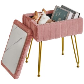 IBUYKE Stool Chair with Storage Space, Footrest Footstool Ottoman, Small Side Table, with 4 Metal Legs, with Anti-Slip Feet, for Makeup Room, Bedroom, Faux Fur, Pink LG-50P