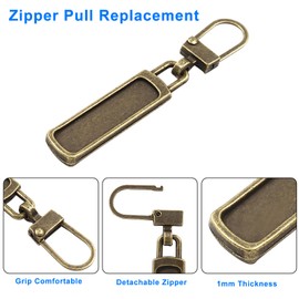 Zorveiio 6pcs Antique Bronze Zipper Pull Replacement, 1mm Thickness Detachable Zipper Pull Tabs,Metal Zipper Handle Repair Kit for Jeans, Pants Backpacks Boots