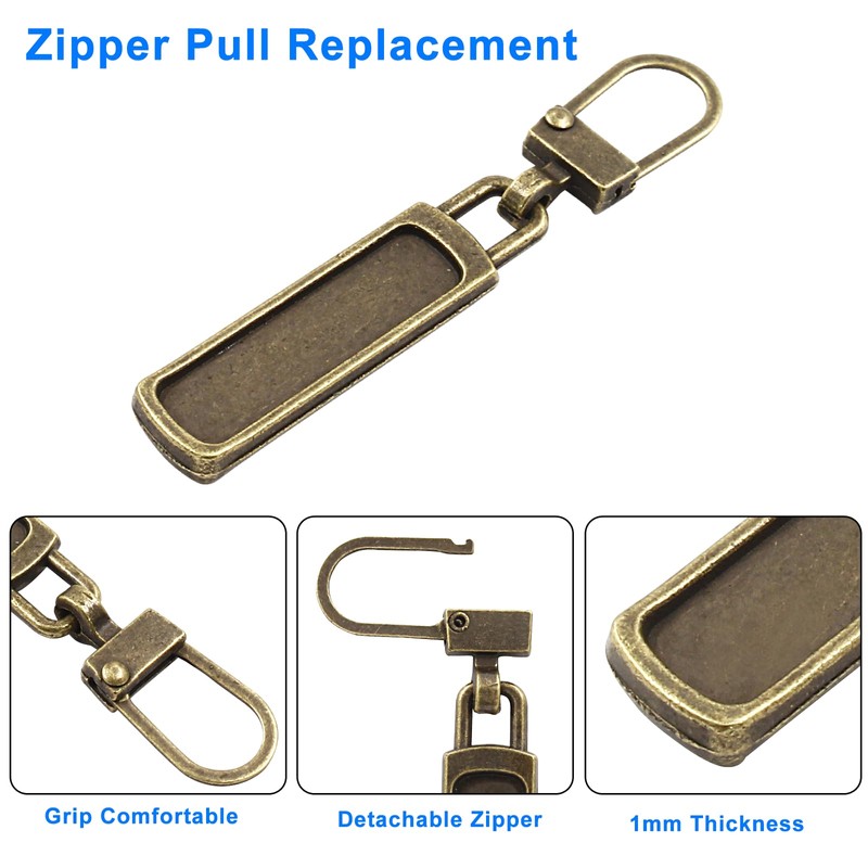 Zorveiio 6pcs Antique Bronze Zipper Pull Replacement, 1mm Thickness Detachable