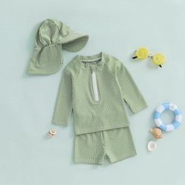 Nibbcoa Toddler Baby Boys Seersucker Long Sleeve Swimsuit Trunks Bathing Suit Swimwear with Hat 3Pcs Rash Guard Set (Green, 12-18 Months)