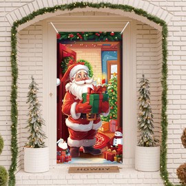 MEHOFOND 2.95x6ft Christmas Door Cover Decoration Santa Claus Christmas Gifts Door Hanging Banner Xmas Door Backdrop Banner Photography Photo Booth Props for Home Door Christmas Decorations