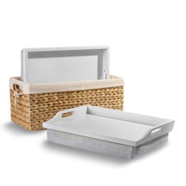 ROSSIE HOME Wood Bed Tray Lap Desk - Set of Two - with Hyacinth Storage Basket - Soft White - Fits up to 15.6 Inch Laptops - Style No. 70101