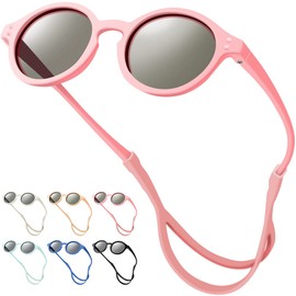 NARUTOO Baby Sunglasses with Strap, UV400 Protection Polarized Infant Sunglasses, Flexible Sunglasses for Baby 0-48 months (Pink)