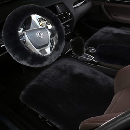 Pinbola 5 Pcs Fluffy Car Seat Covers with Steering Wheel Cover Fuzzy Faux Wool Auto Front Seat Shift Gear Cover Center Console Pad (A-Black)