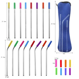 Hoshen 7 Piece 8.5 Inch Reusable Stainless Steel Straw Set With Anti-Scratch Mouth Silicone Tip, Bone Pack Set (3 Straight/3 Curved/1 Brush/6 Silicone Mouth) - Light Blue