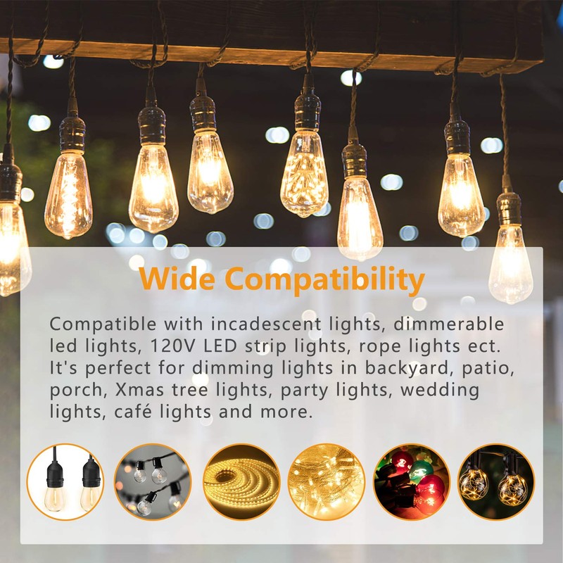 Outdoor Dimmer Switch for String Lights, 1000W Max Power IP68