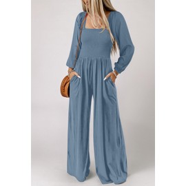 Happy Sailed Women's Jumpsuits, Rompers & Overalls High Waisted Long Sleeve Wide Leg One Piece Jumpsuit Long Pants Rompers with Pockets Comfy Lounge Wear for Women 2025 Dusk Blue Medium