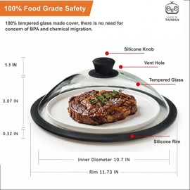 OEC Vented Splatter Guard Microwave Glass Cover for Food with Easy-Grip Handle, 11.5 inch (Inner Diameter 10.7”), Food Grade Tempered Glass, BPA Free Silicone Rim with Steam Vent - Dishwasher Safe