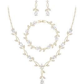 EVER FAITH Boda Juego de Joyería Para Mujer, Cristal Zirconia Cúbica Hojas Dobles de gotas de agua Collar Arete Set para Novia Regalo para cumpleaños/Día de la Madre/Navidad