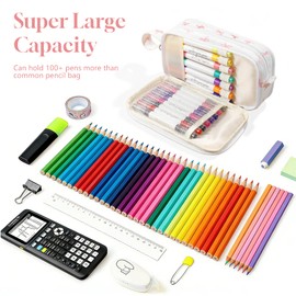 Corduroy Pencil Case, Large Capacity Pencil Pouch with 4 Compartments, Cute Soft Aesthetic Stationery Pen Bag Organizer with Zipper, Portable School Supplies for Teen and Adult Girls, Pink Bow