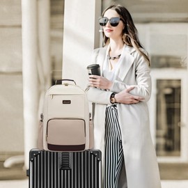 LOVEVOOK Laptop Backpack for Women with Pouch Pocket for Large Capacity Cup,15.6 Inch Laptop Computer Bag Travel Backpack Purse,Waterproof Work Business College Teacher Backpack,Beige-Nude-Logam Plum