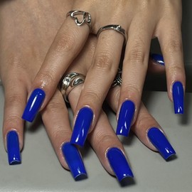 Royal Blue False Nails Long - 24PCS Square Press on Nails - Glossy Solid Color Dark Blue Fake Nails Kit with Glue - Acrylic Full Cover Stick on nails for Women Girls Nail Art Accessories