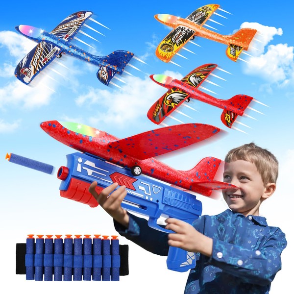 Hapgo 3 Pack Airplane Launcher Toys：13.3" LED Airplane Toy, Foam Blaster with 10 Soft Bullets, Outdoor Plane Flying Toys for Boys Girls Toys Age 3 4 5 6 7 8 9 10 11 12 Year Old boy Birthday Gift Ideas