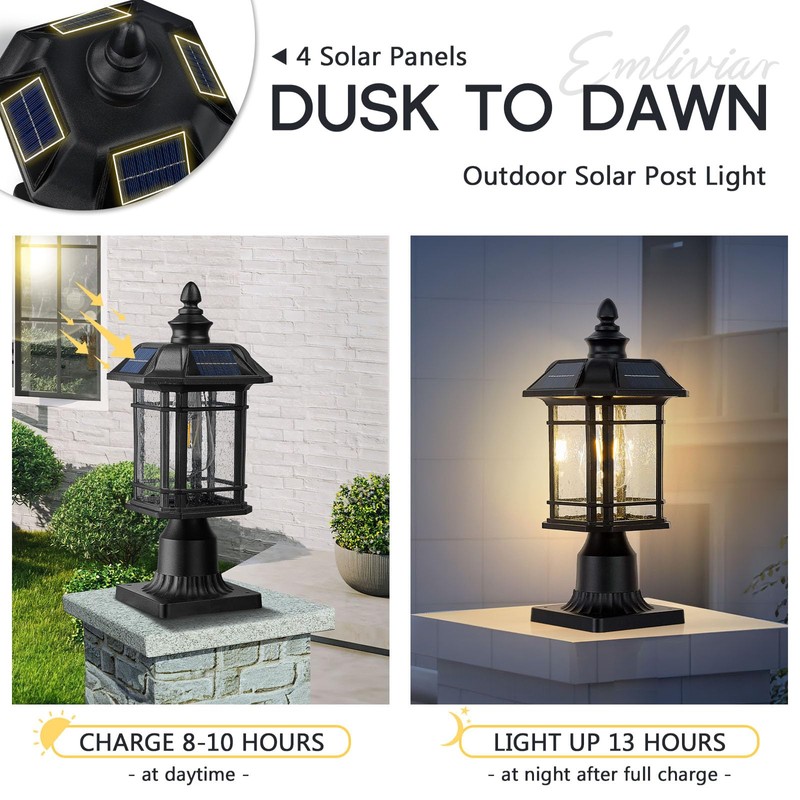 Emliviar 16 Inch Outdoor Solar Post Light, Dusk to Dawn