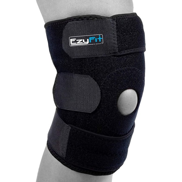 EzyFit Knee Brace Support for Arthritis, ACL, LCL, MCL, Sports Exercise, Meniscus Tear Injury Recovery - Side Stabilizers Open Patella - Best Comfort Fit Adjustable Neoprene Wrap - 3 Sizes