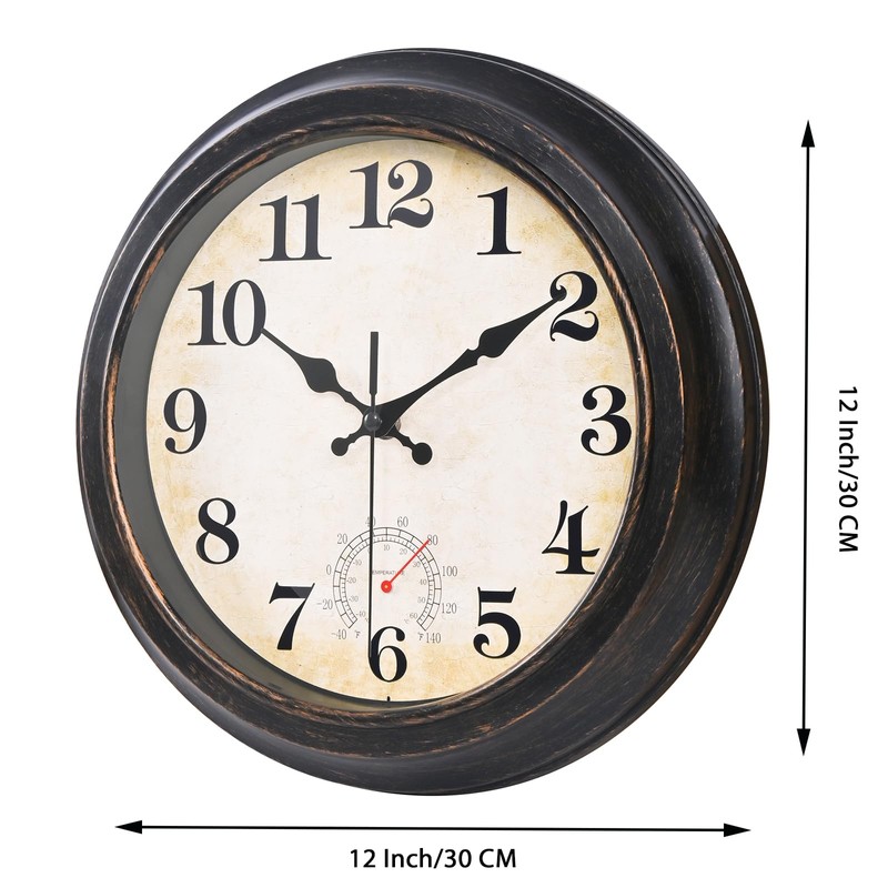 12 Inch Outdoor Clock Waterproof with Thermometer Retro Wall Clock