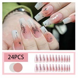 Butterfly Stars Press on Nails Long Coffin -24Pcs Butterfly Stars Fake Nails Gradient Manicure Wearable Nails Glossy False Nail Tips Artificial on Nails for Women Girls Daily Wear Nails Accessories