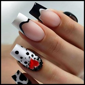 Press on Nails Medium Square Artificial Acrylic Nails 3D Red Love Heart Design French False Nails Black Glitter Rhinestones Fake Nails Full Cover Reusable Coffin Nails Glue on Nails for Women Kit