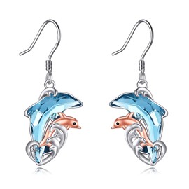 YFN Dolphin Earrings for Women Girls Sterling Silver Crystal Dolphin Dangle Drop Earrings