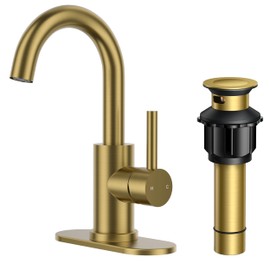 FORIOUS Brushed Gold Bathroom Faucet 1 Hole Single Handle 360° Swivel Gooseneck Spout, with Metal Pop Up Drain and cUPC Supply Line, Suitable for Wet Bar Kitchen RV Vanity Restroom