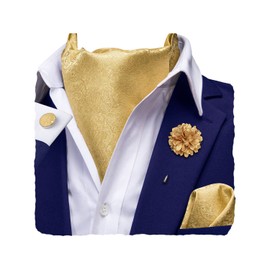Hi-Tie Silk Ascot for Men Self Tie Men's Cravat and Flower Lapel Pin Handkerchief Cufflinks Set for Wedding Party,Gold