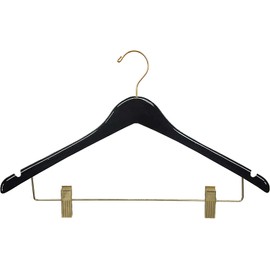 Premium Curved Wooden Skirt Hangers 12 Pack, Solid Wood Pant Hanger with Adjustable Clips, Black Finish