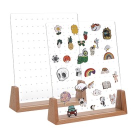 TOLIDA 2pcs 144 Holes Acrylic Enamel Pins Storage Holders - 8 inches Clear Earrings Display Stand with Wood Base, Acylic Display Pegboards for Jewelry, Brooches, Award Badges, Earrings Studs