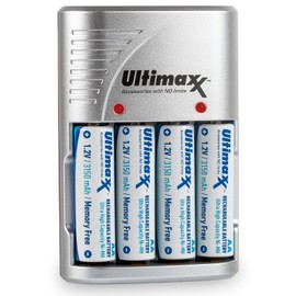 Ultimaxx - Cargador de Viaje rápido con Adaptador y 4 Pilas Recargables AA 3150 mAh NiMH