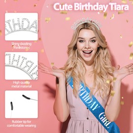 Birthday Sash Birthday Crown for Women, Birthday Girl Sash, Birthday Girl Crown, Glitter Deep Blue Birthday Sash and Crown Rhinestone Headband Set, Happy Birthday Girl Princess Tiara Sash Accessories