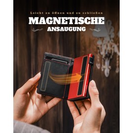 DODENSHA MagSnap Men's Wallet I Slim Wallet with Coin Compartment I Wallets for Men for 10+ Cards I Magnetic Closure Wallet Men's Slim I RFID Protection, Black-red, Modern