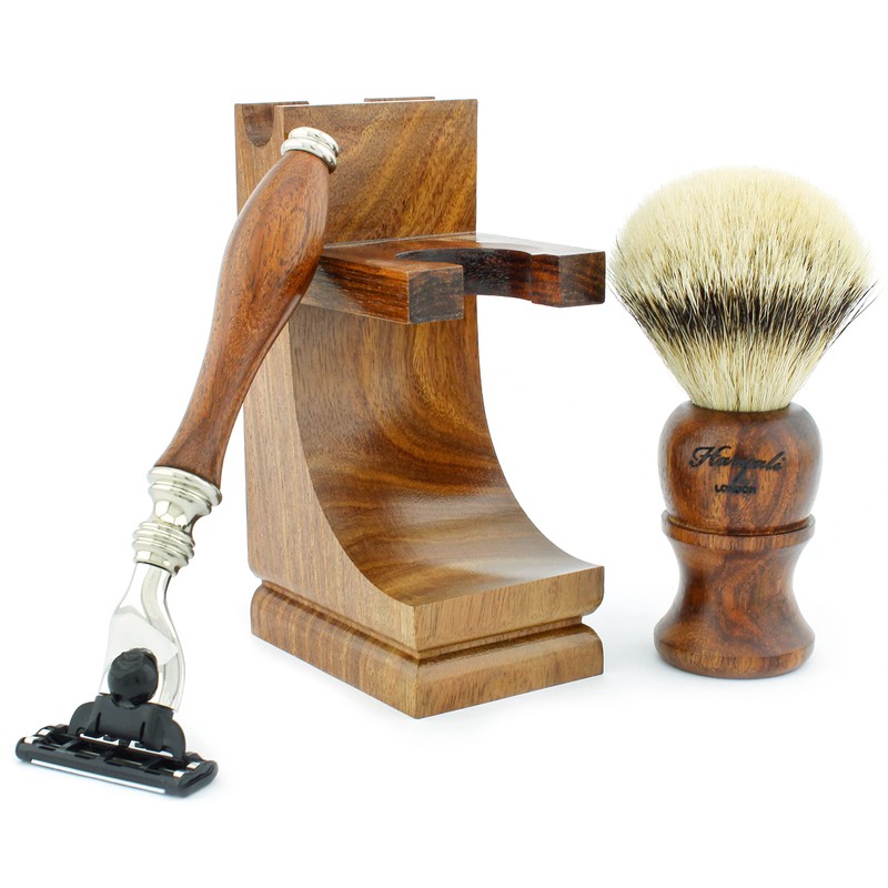 3-Piece Wooden Shaving Set for Men Silver Tip Badger Hair